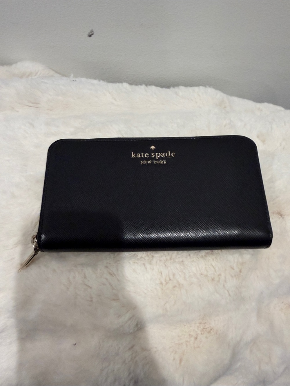 kate spade Black Saffiano Zip Wallet with Gold Logo